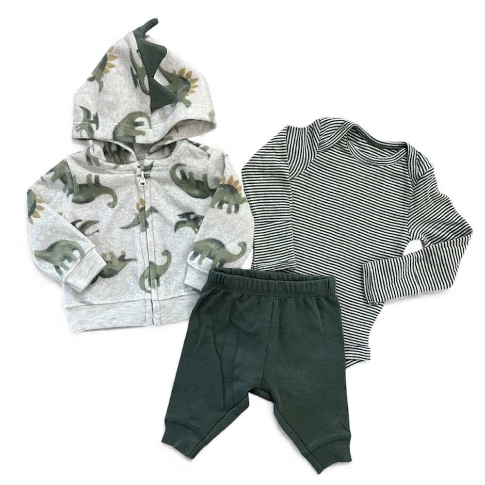 Carter’s Fleece Dinosaur Sweatshirt Bodysuit Pants 3 Piece Set Boys Newborn NWT